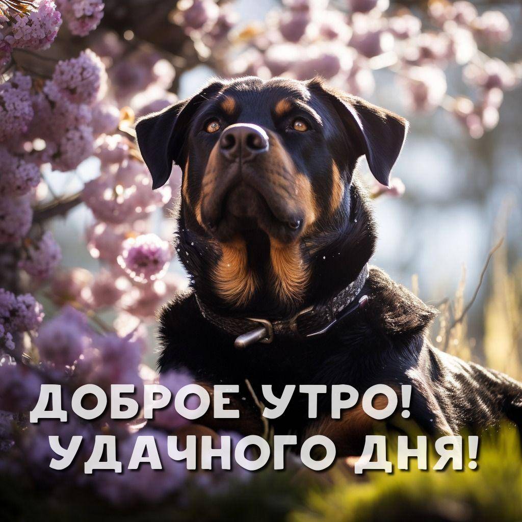 Утро, alt,Темная собака с коричневыми отметинами среди цветущих деревьев