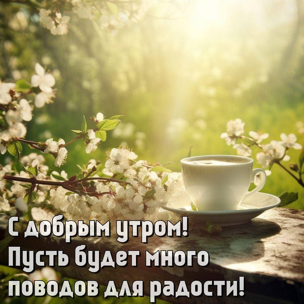 Утро, белая чашка с блюдцем на деревянной поверхности среди белых цветов