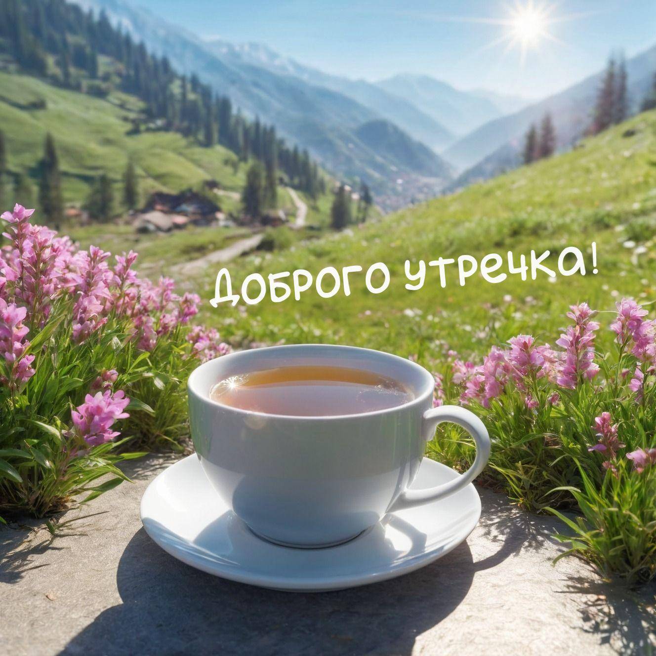 Утро, белая чашка с чаем на фоне гор