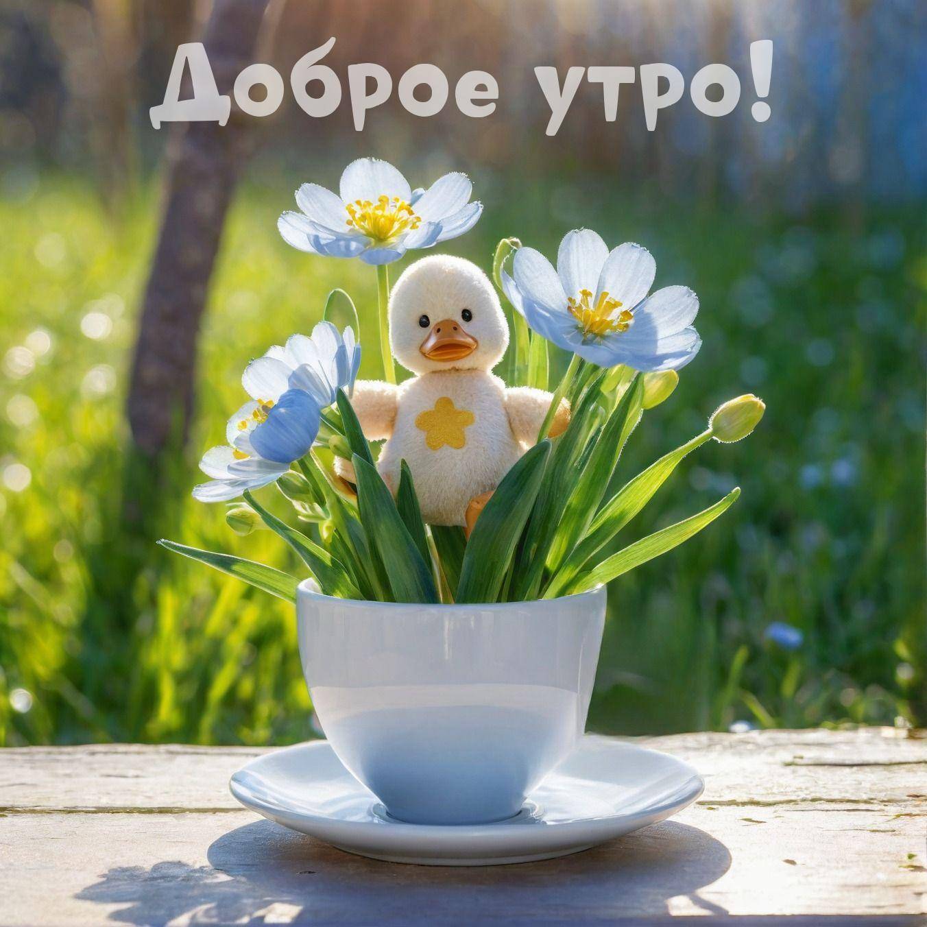 Утро, белая чашка с голубыми цветами и утёнком на фоне зелёной травы