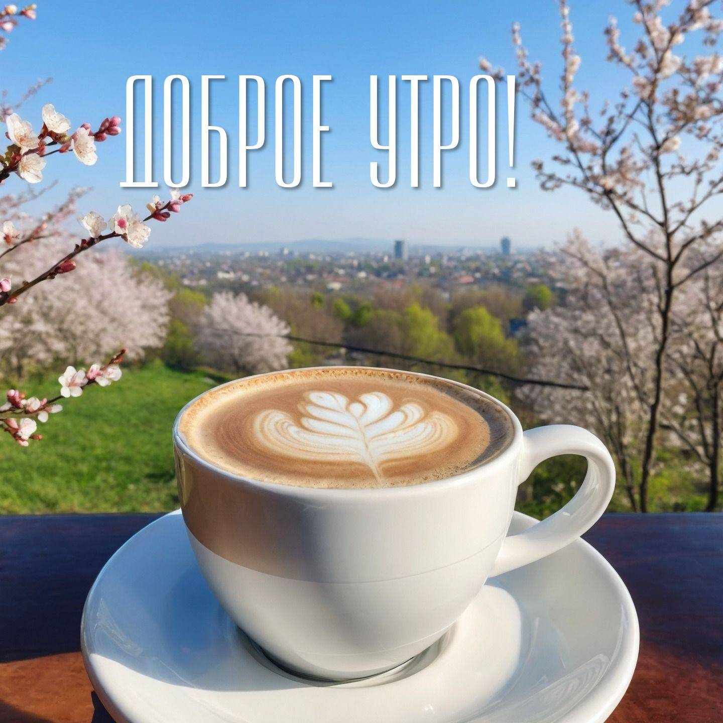 Утро, белая чашка с капучино и весенний пейзаж в фоне