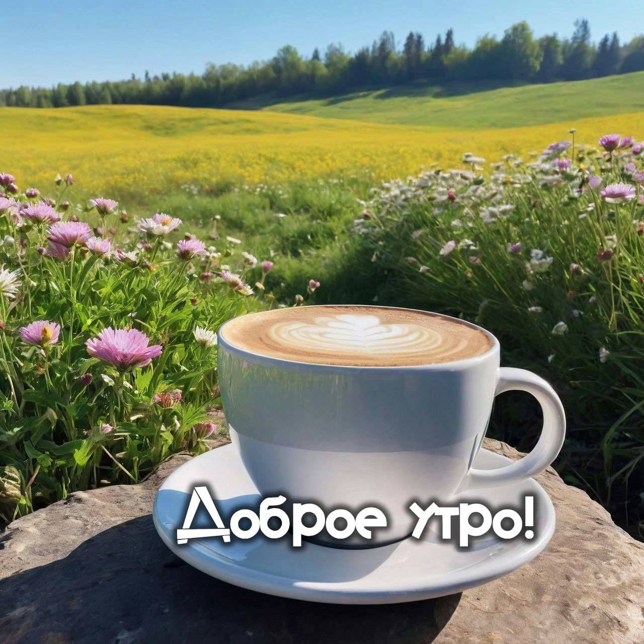 Утро, белая чашка с кофе на фоне поля с цветами