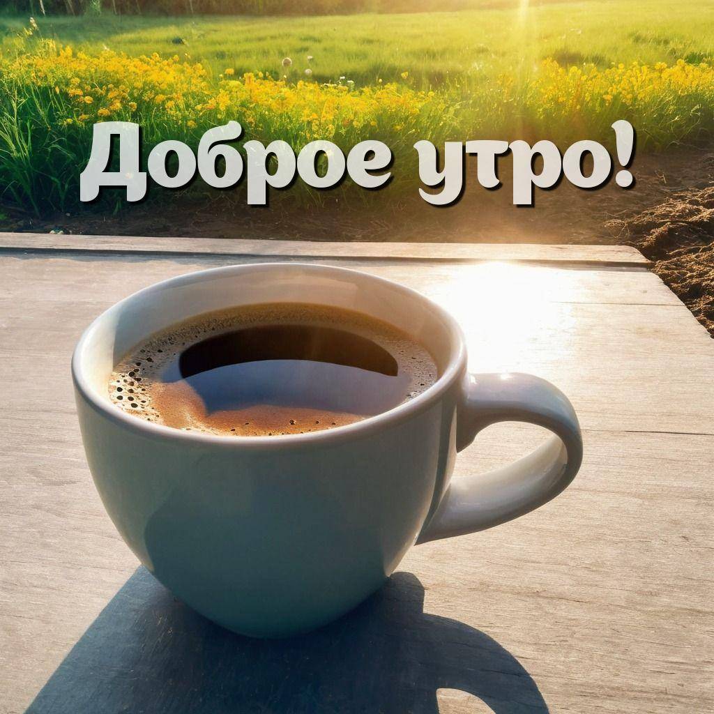 Утро, белая кружка с чёрным кофе на деревянной поверхности