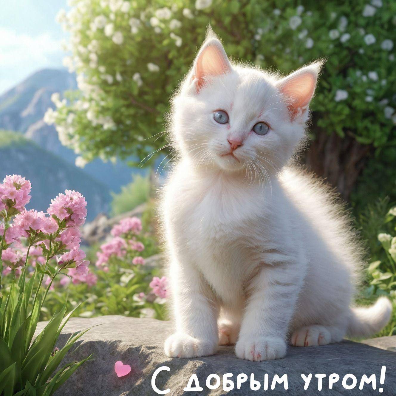 Утро, белый котёнок с голубыми глазами сидит на камне в саду