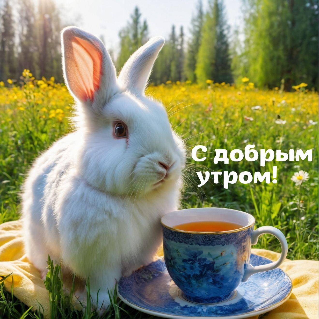 Утро, белый кролик на траве рядом с чашкой чая