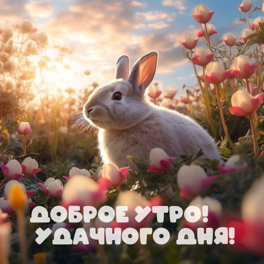 Утро, белый кролик среди цветущих растений