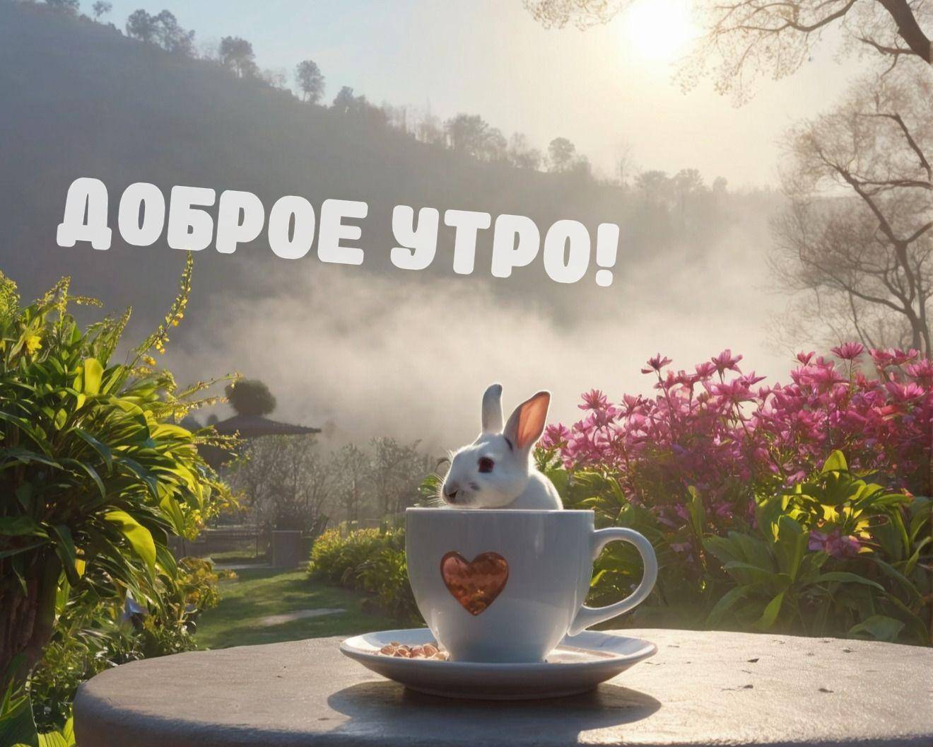 Утро, белый кролик в чашке с золотым сердцем