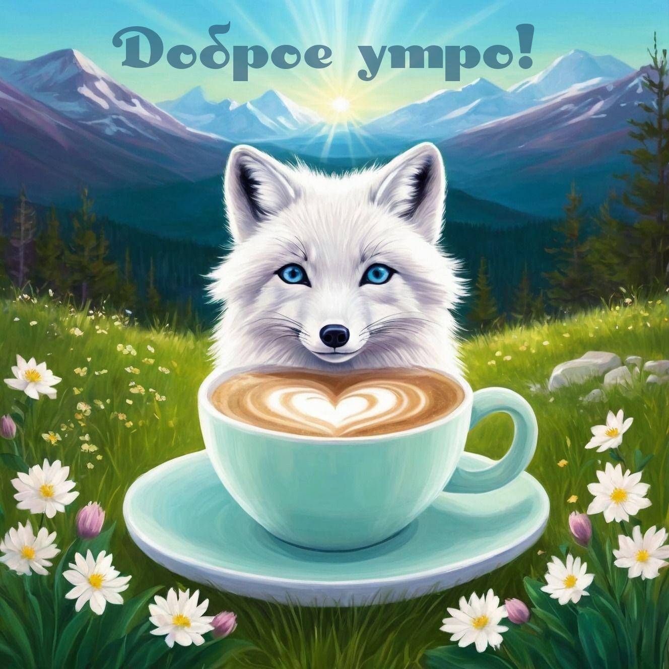 Утро, белый лисенок и чашка капучино с сердцем, на фоне гор