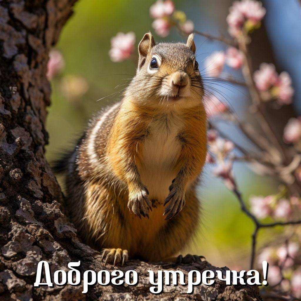 Утро, белка на дереве с цветами на фоне