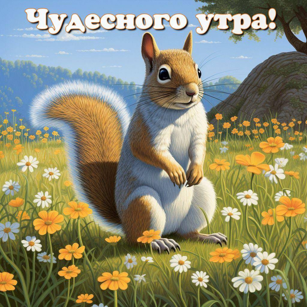 Утро, белка на цветочном поле среди желтых и белых цветов