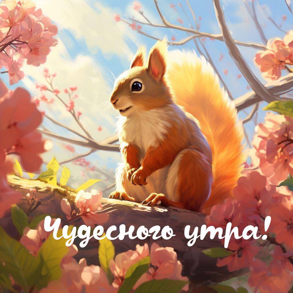Утро, белка на ветке среди цветущих ветвей