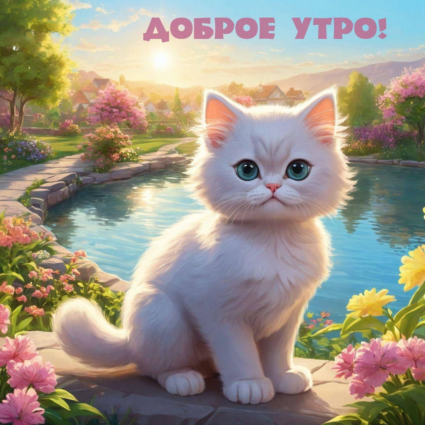 Утро, белоснежный котёнок с зелёными глазами в саду