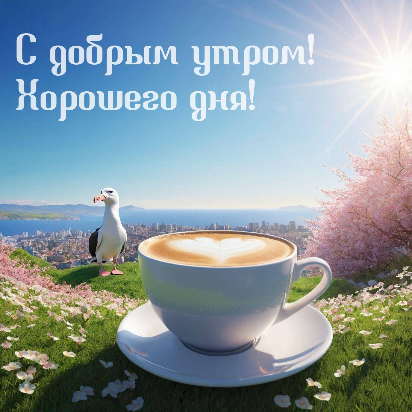 Утро, большая чашка кофе с рисунком в виде сердца на пенке