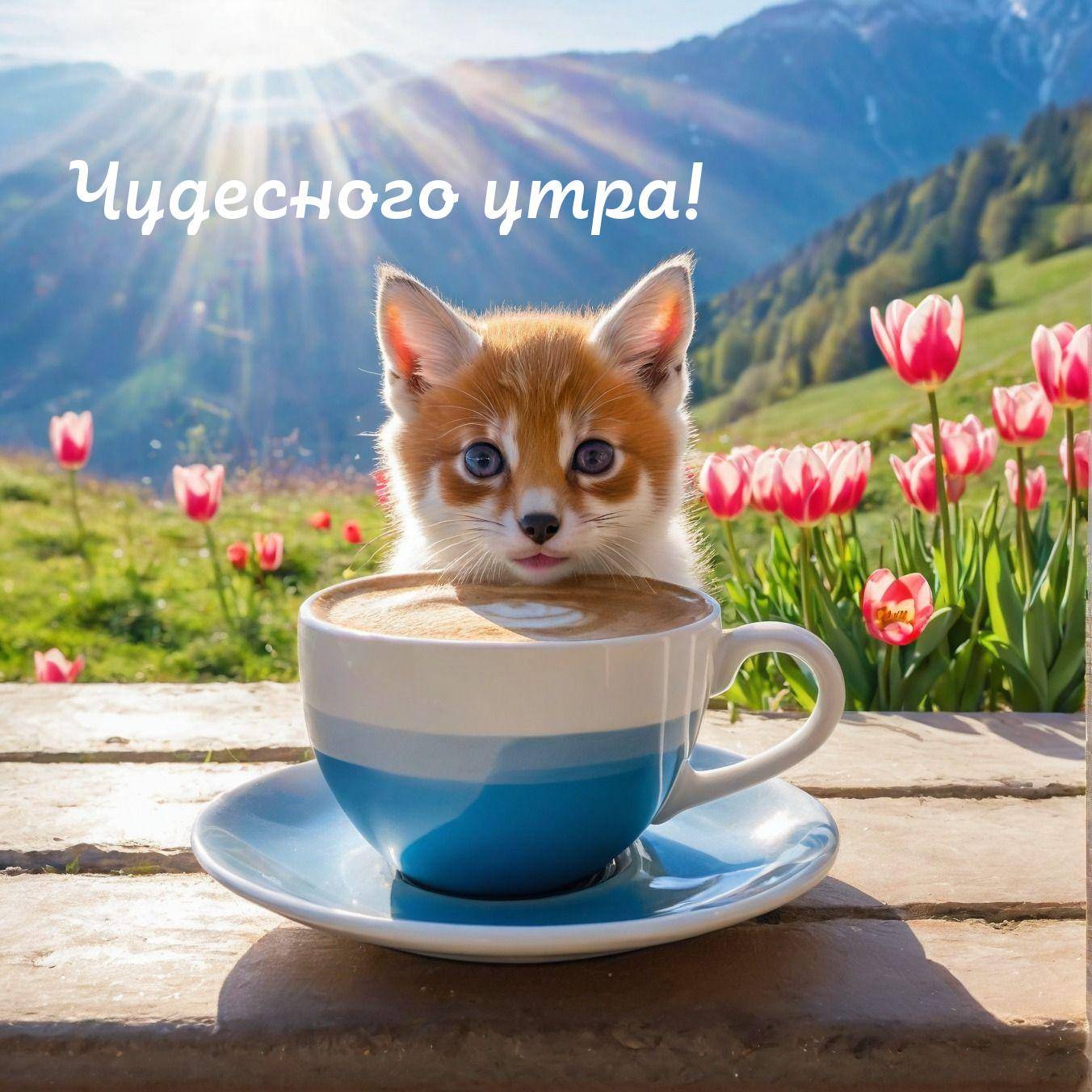 Утро, большая чашка кофе с щенком, тюльпаны на фоне
