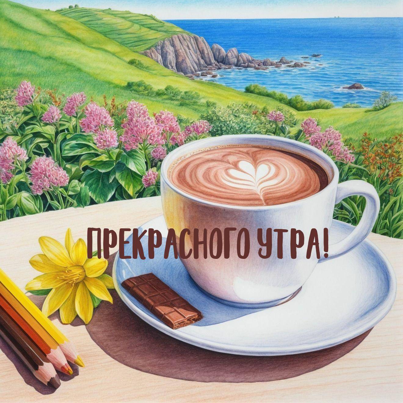 Утро, большая чашка кофе с узором на пенке