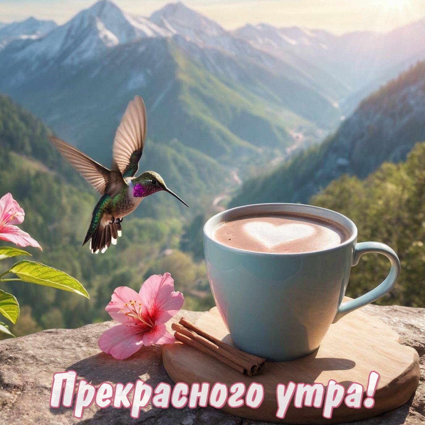 Утро, чайник с напитком и сердечком из пены, колибри рядом