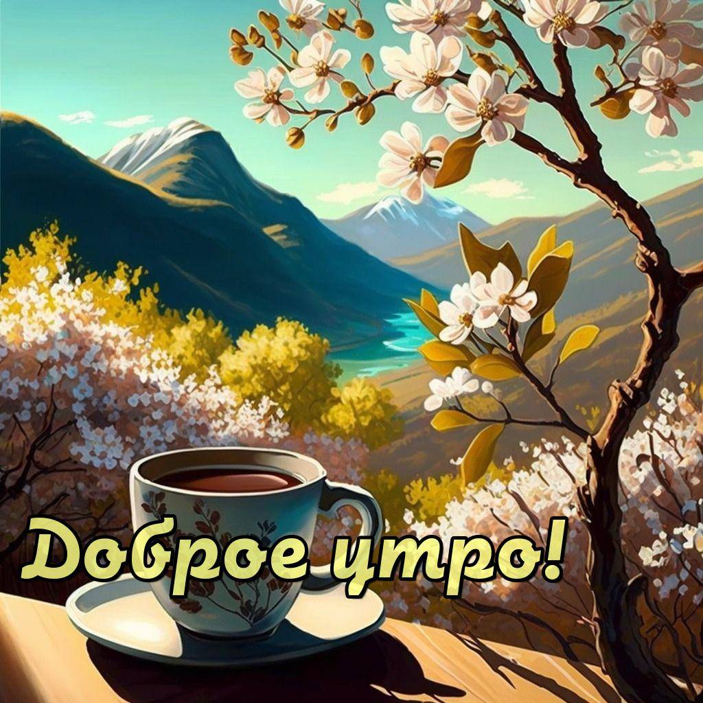Утро, чашка чая на блюдце, пейзаж на заднем плане