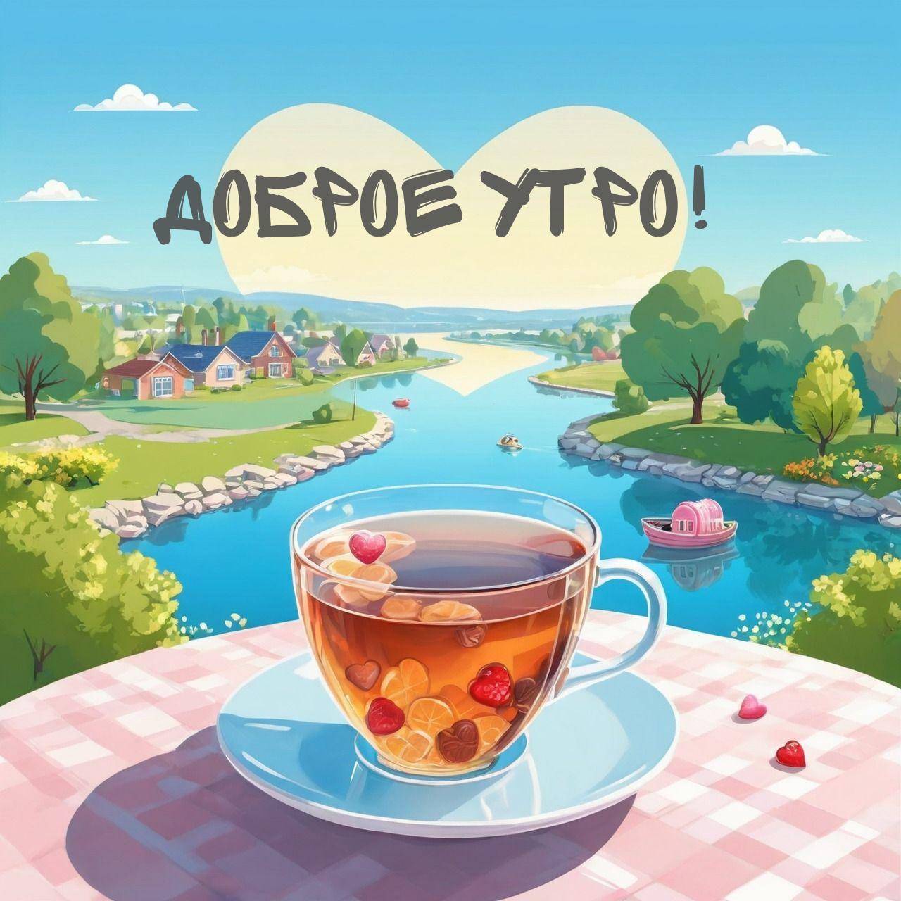 Утро, чашка чая с дольками цитрусовых и ягод на фоне пейзажа
