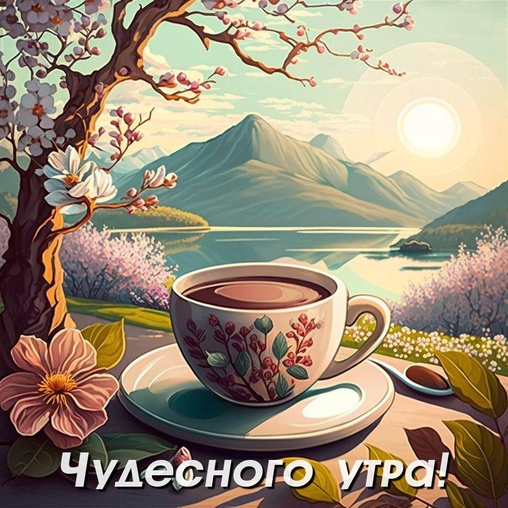 Утро, чашка чая с цветочным узором, деревья, озеро и горы