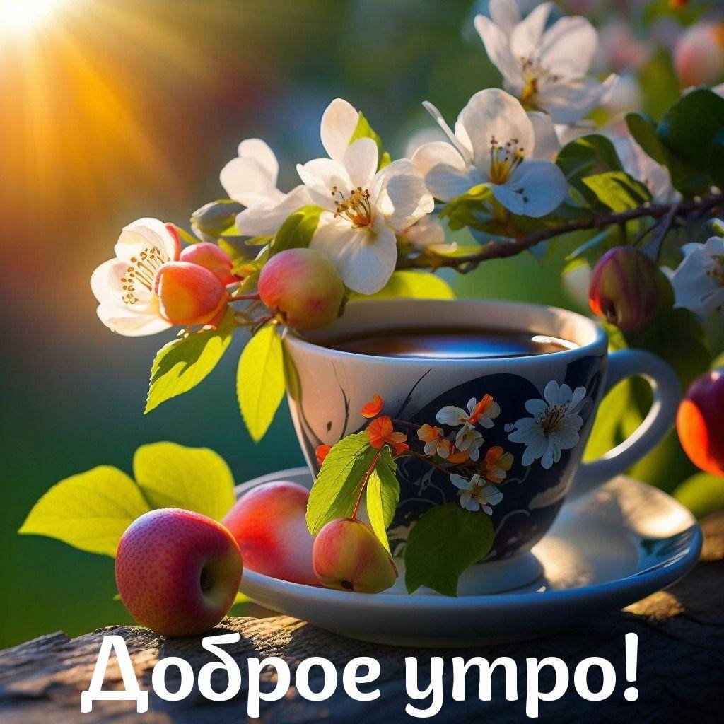 Утро, чашка чая с яблоками и веткой с цветами