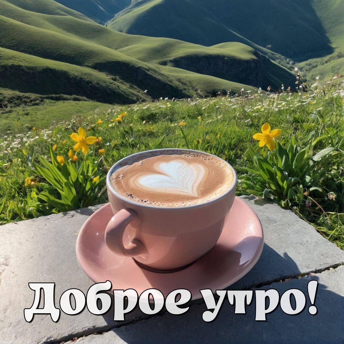 Утро, чашка капучино с рисунком сердца на розовом блюдце