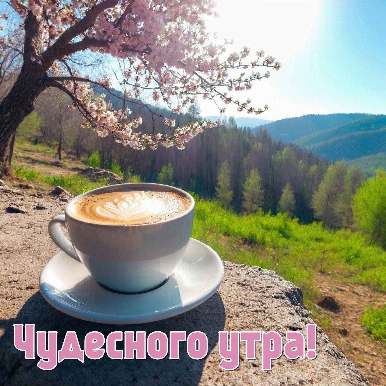 Утро, чашка кофе на блюдце на камне. Весна, солнце, цветы.