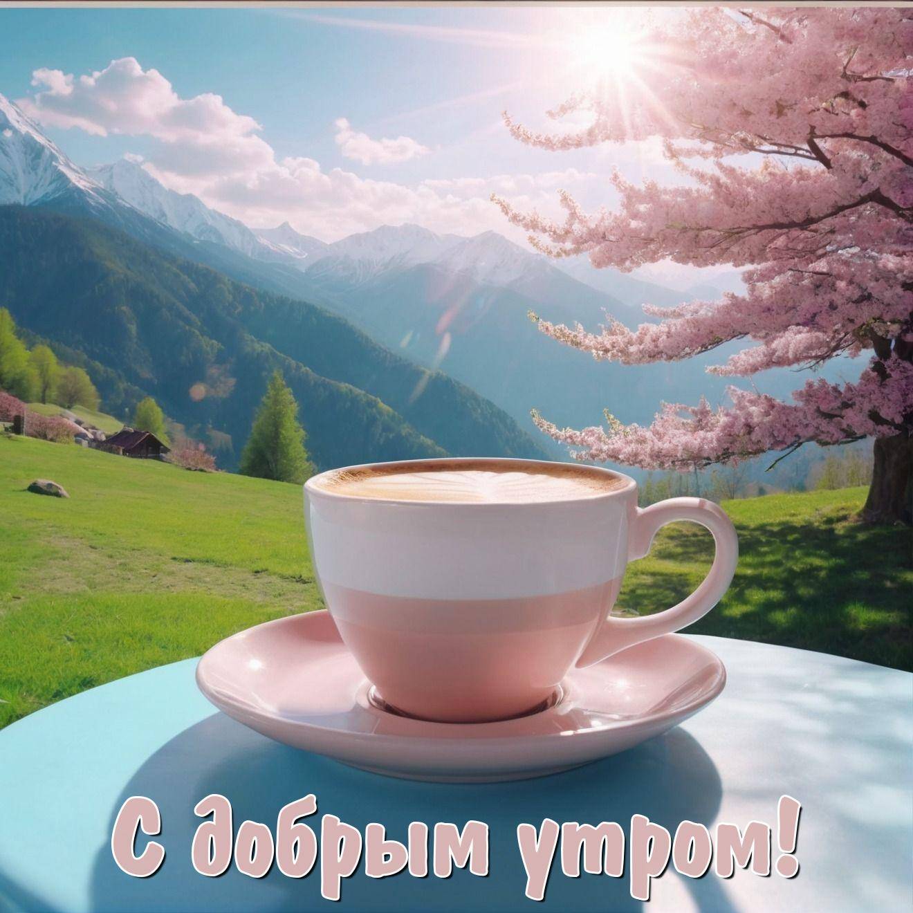 Утро, чашка кофе на блюдце, живописный вид на горы