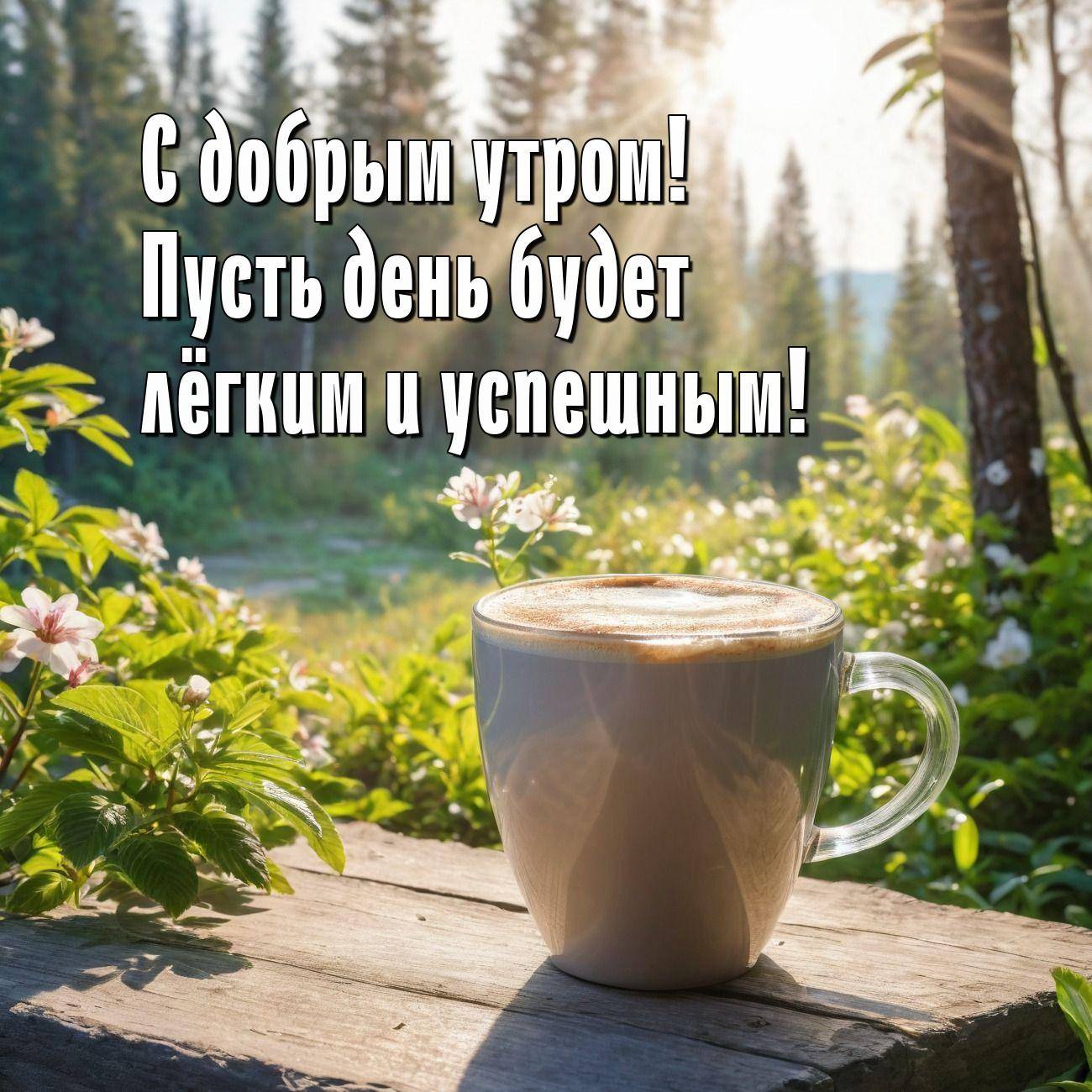Утро, чашка кофе на деревянной поверхности на фоне леса