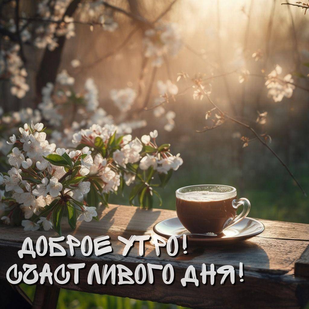 Утро, чашка кофе на деревянном столе, весенние цветы