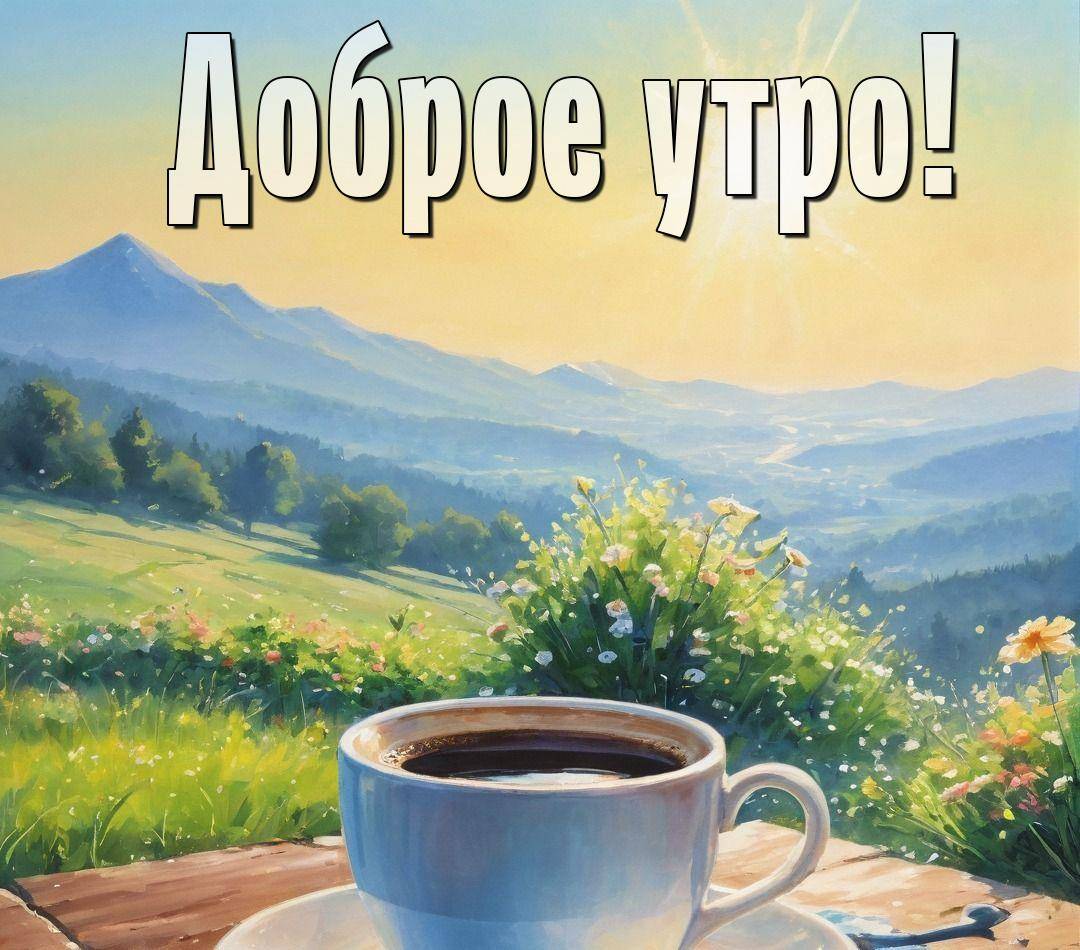 Утро, чашка кофе на столе, вид на горы и луга