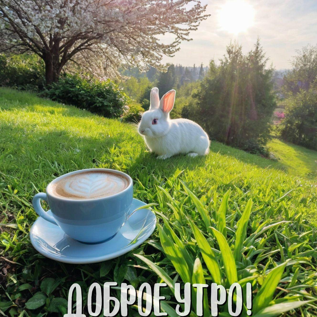 Утро, чашка кофе на траве с белым кроликом