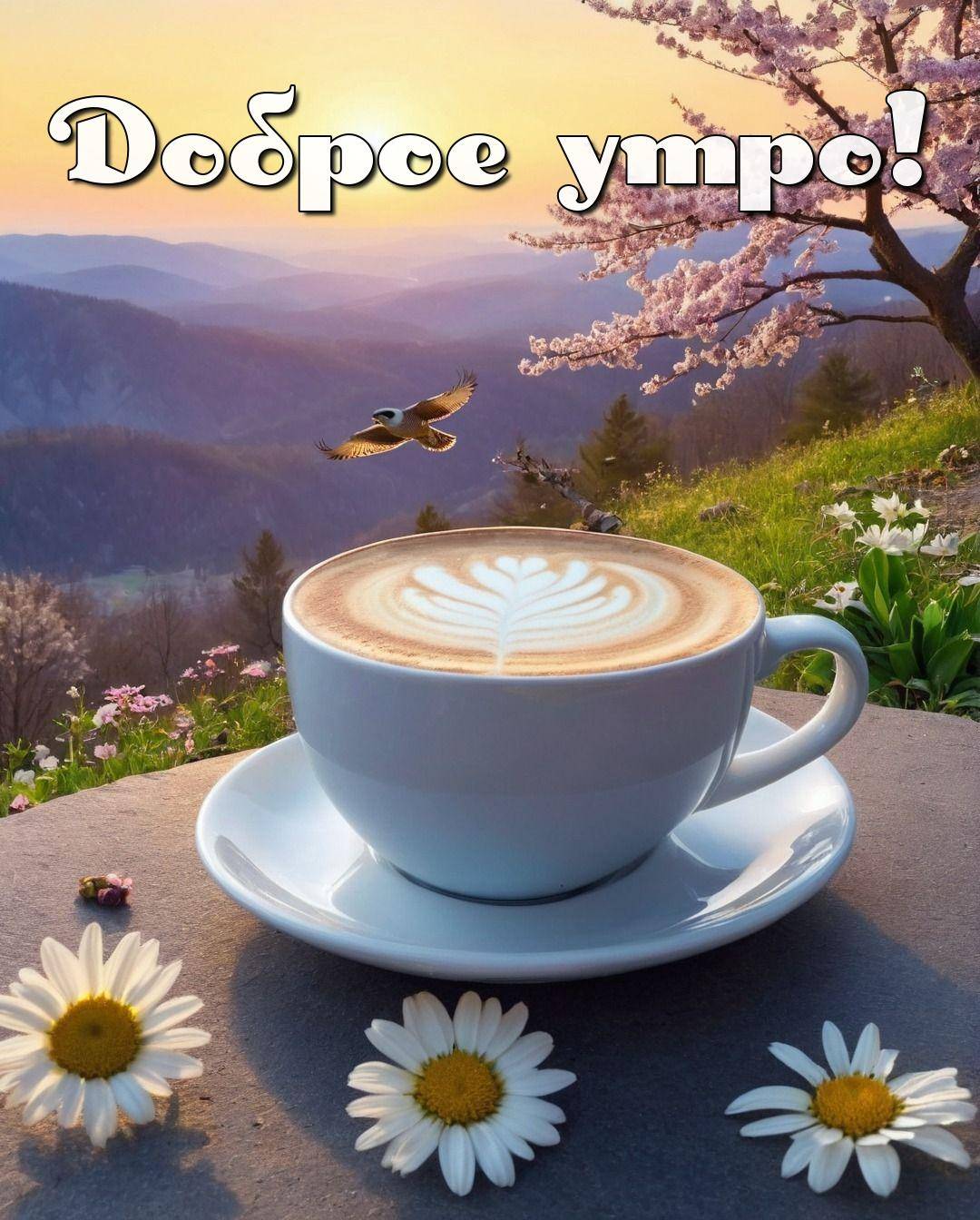 Утро, чашка кофе с латте-артом на фоне природы
