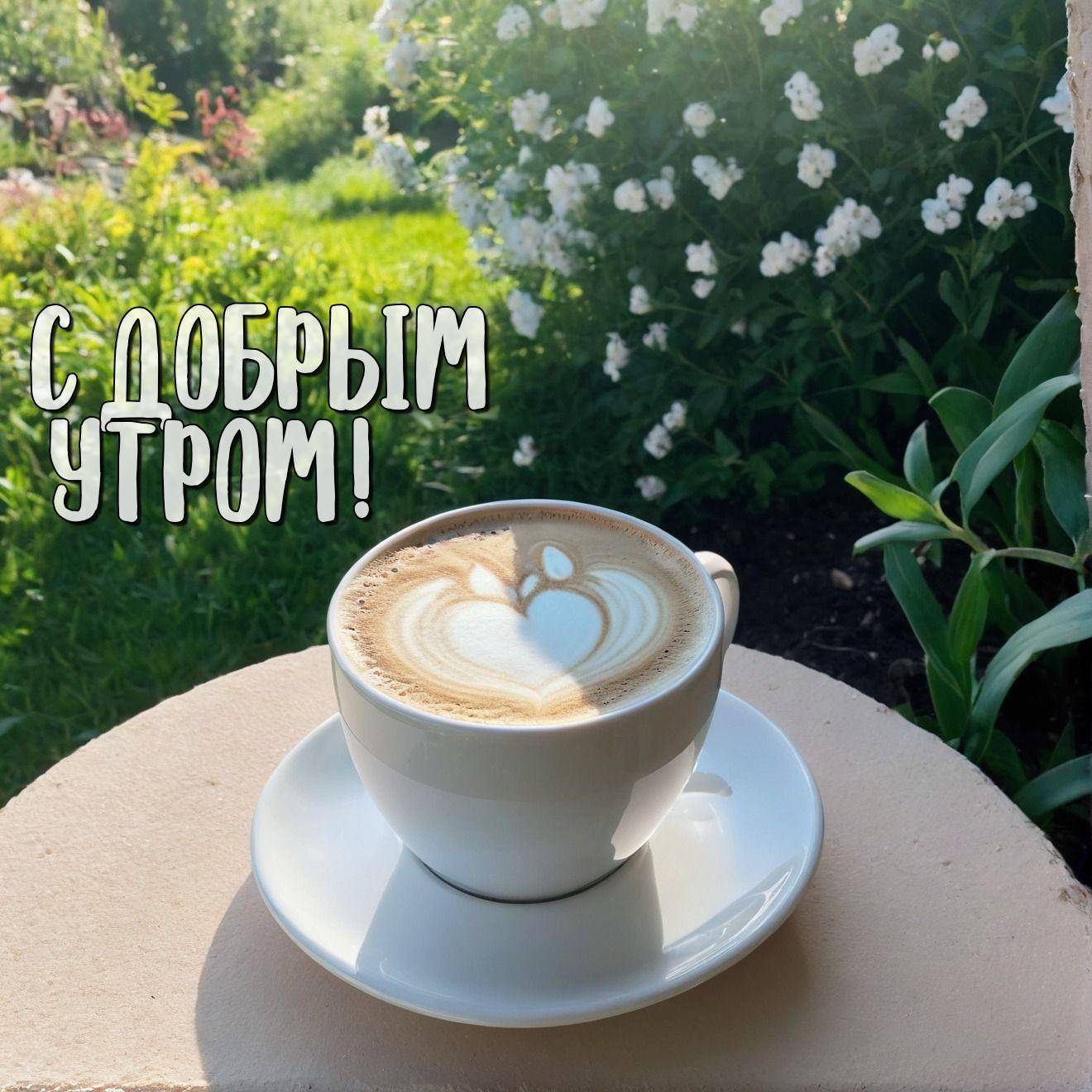 Утро, чашка кофе с рисунком на пенке, белое блюдце