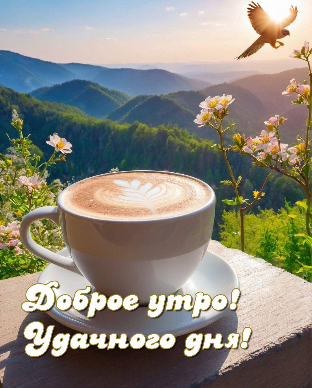 Утро, чашка кофе с рисунком на пенке, стоящая на столе.