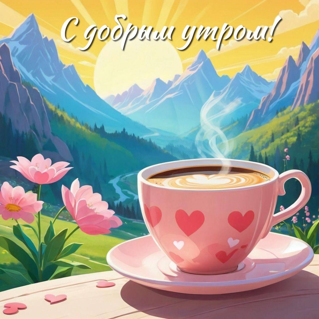 Утро, чашка кофе с сердечками на столе, пейзаж за окном