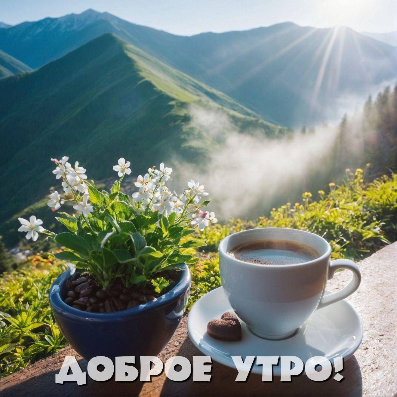Утро, чашка кофе с сердцем и цветами на фоне гор