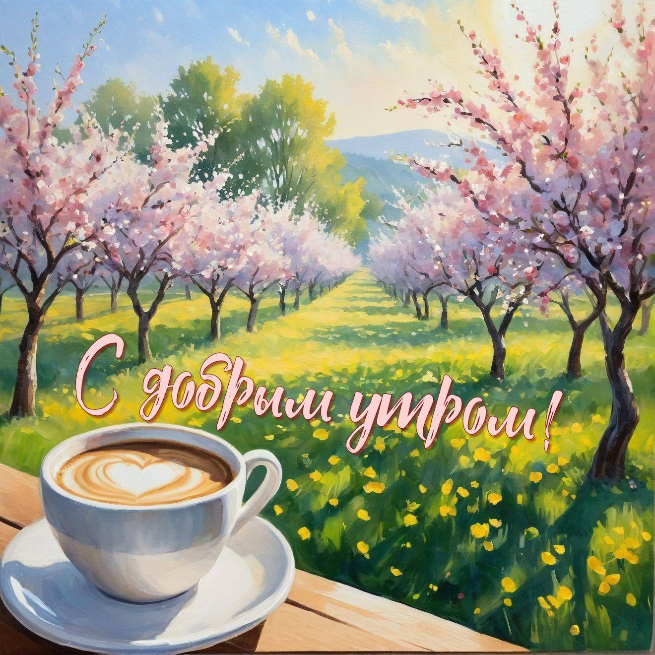 Утро, чашка кофе с сердцем на молочной пене, на фоне сада