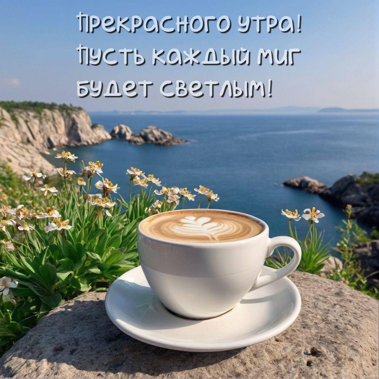 Утро, чашка кофе с узором латте-арт на фоне морского пейзажа