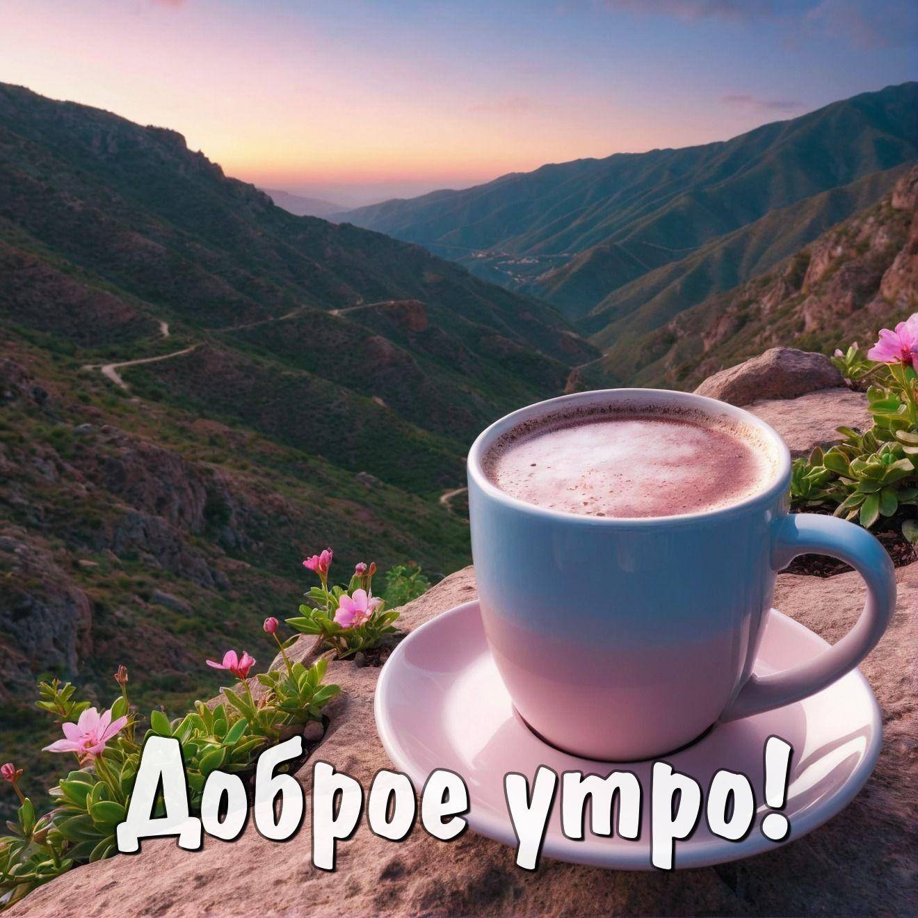 Утро, чашка кофе, цветы и горы на фоне солнца