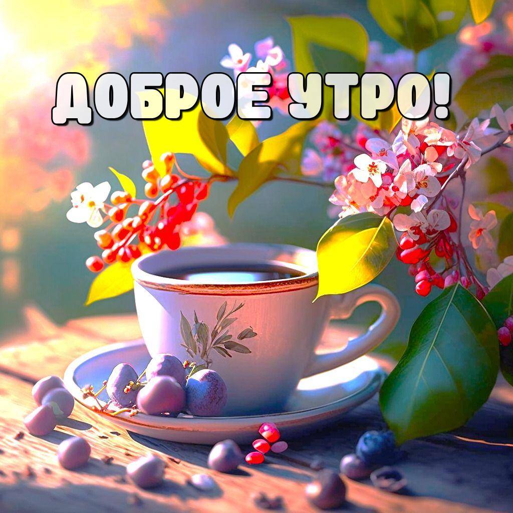 Утро, чашка с чаем на блюдце, окруженная листьями и цветами