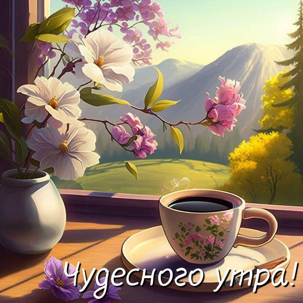 Утро, чашка с цветочным узором и ваза на подоконнике