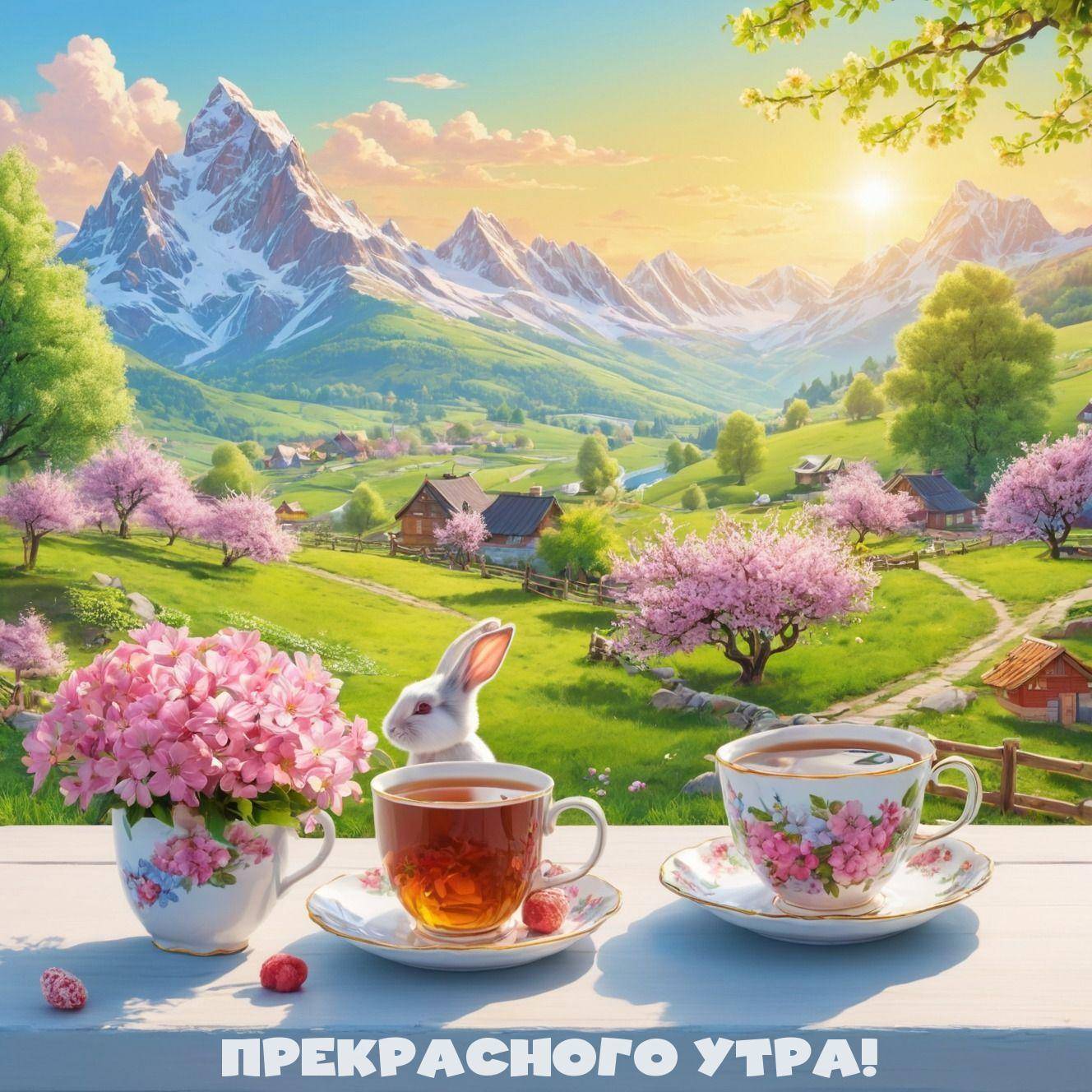 Утро, чашки с чаем и ягоды, ваза с цветами, белый кролик