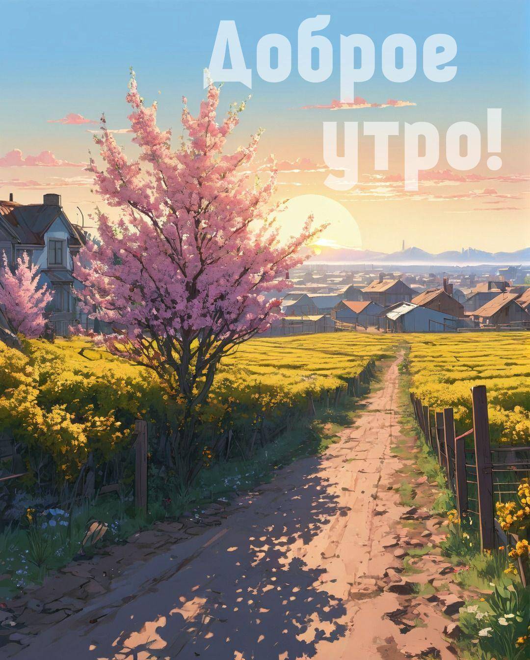 Утро, дерево с розовыми цветами и дом на фоне полей