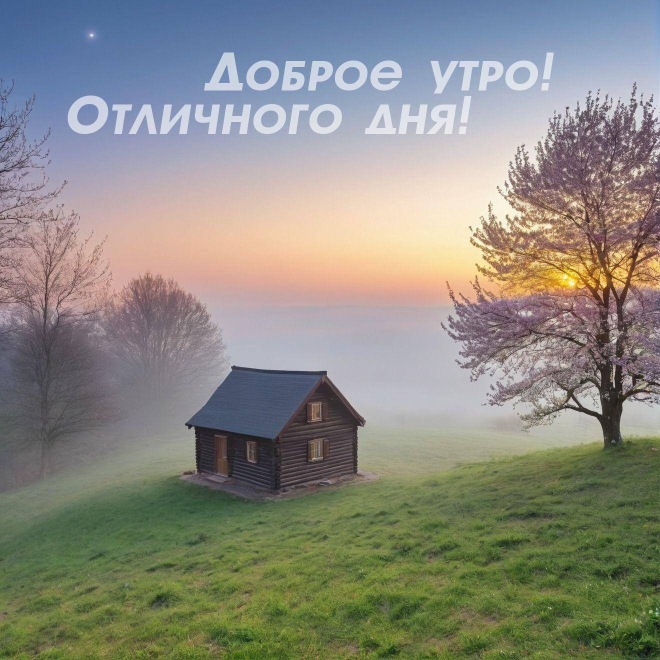 Утро, деревянный домик в тумане на лугу