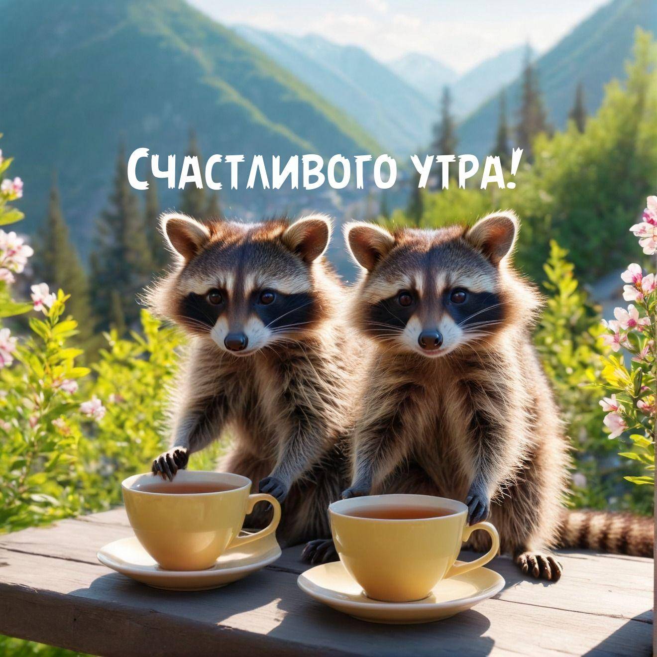 Утро, два енота с напитками на фоне гор