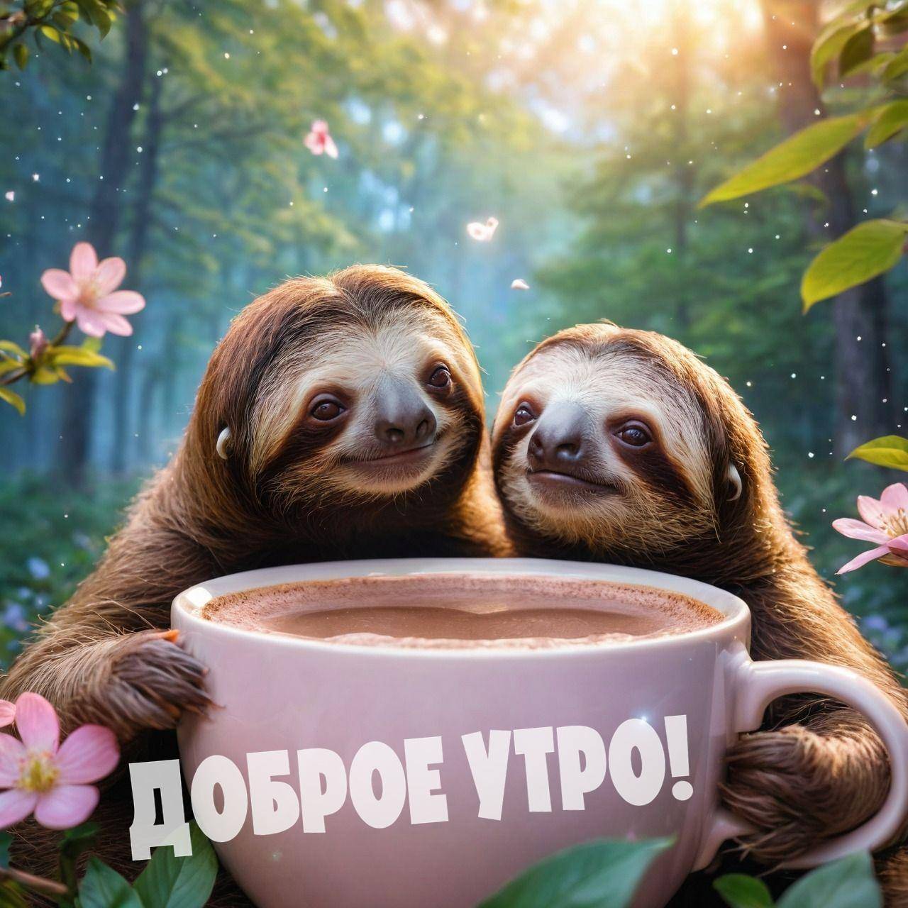Утро, два ленивца с розовой чашкой на фоне леса