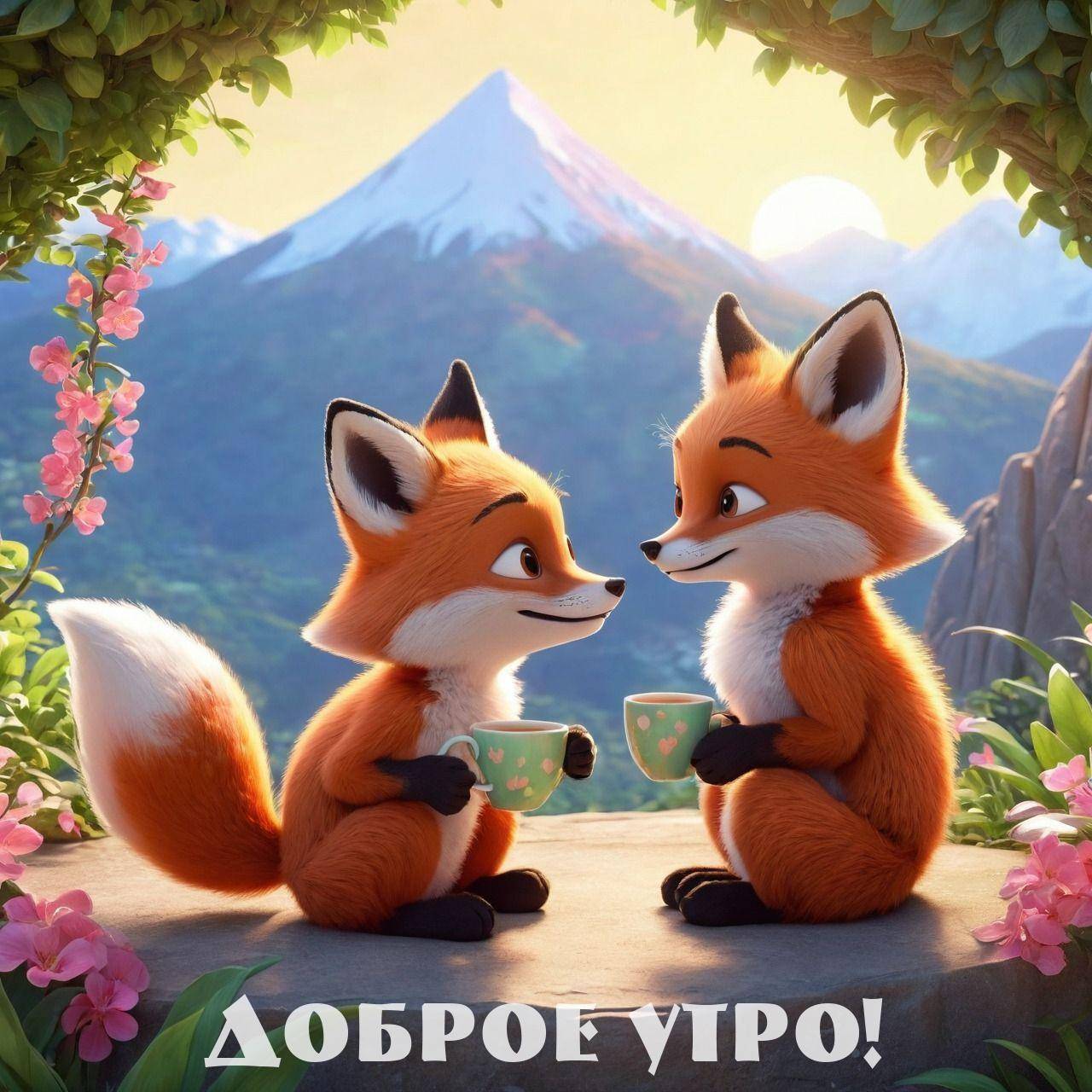 Утро, два лисёнка с кружками на фоне гор