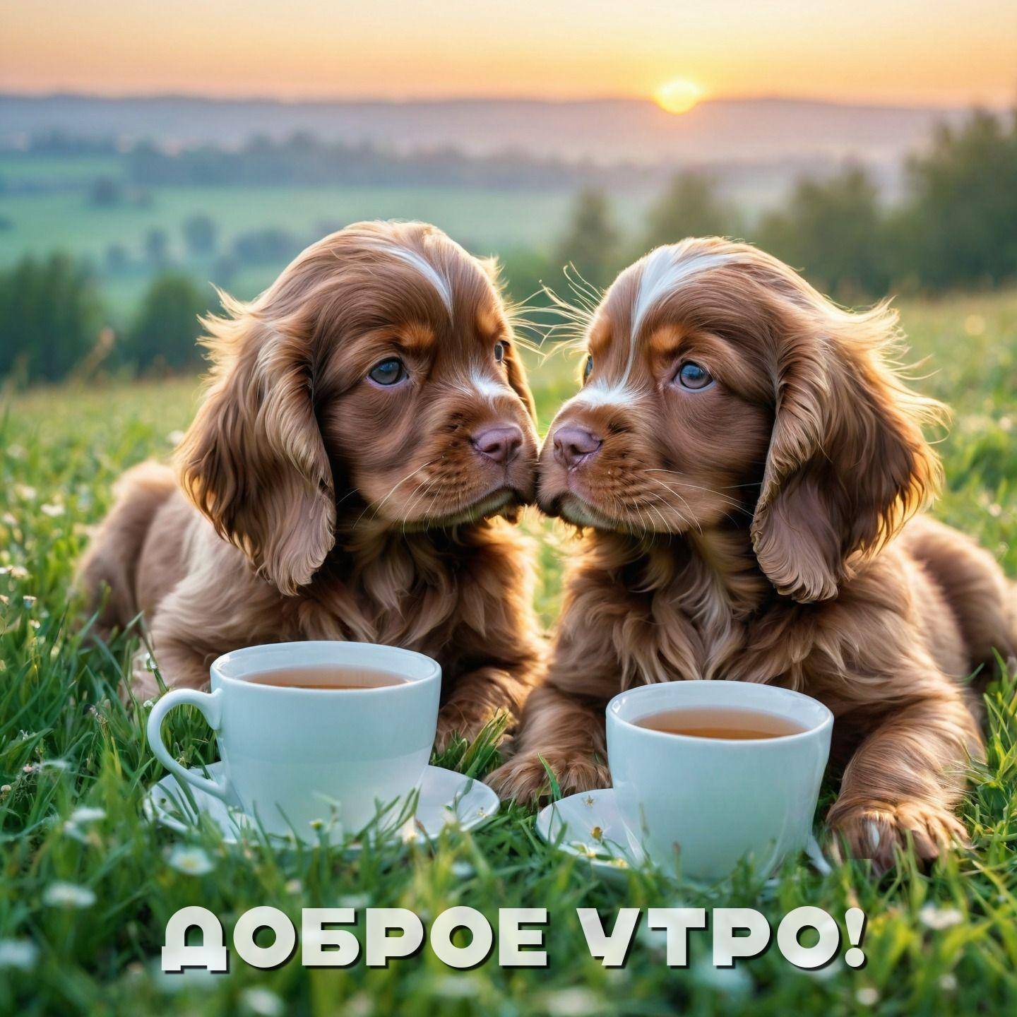 Утро, два щенка лежат на траве, касаясь носами