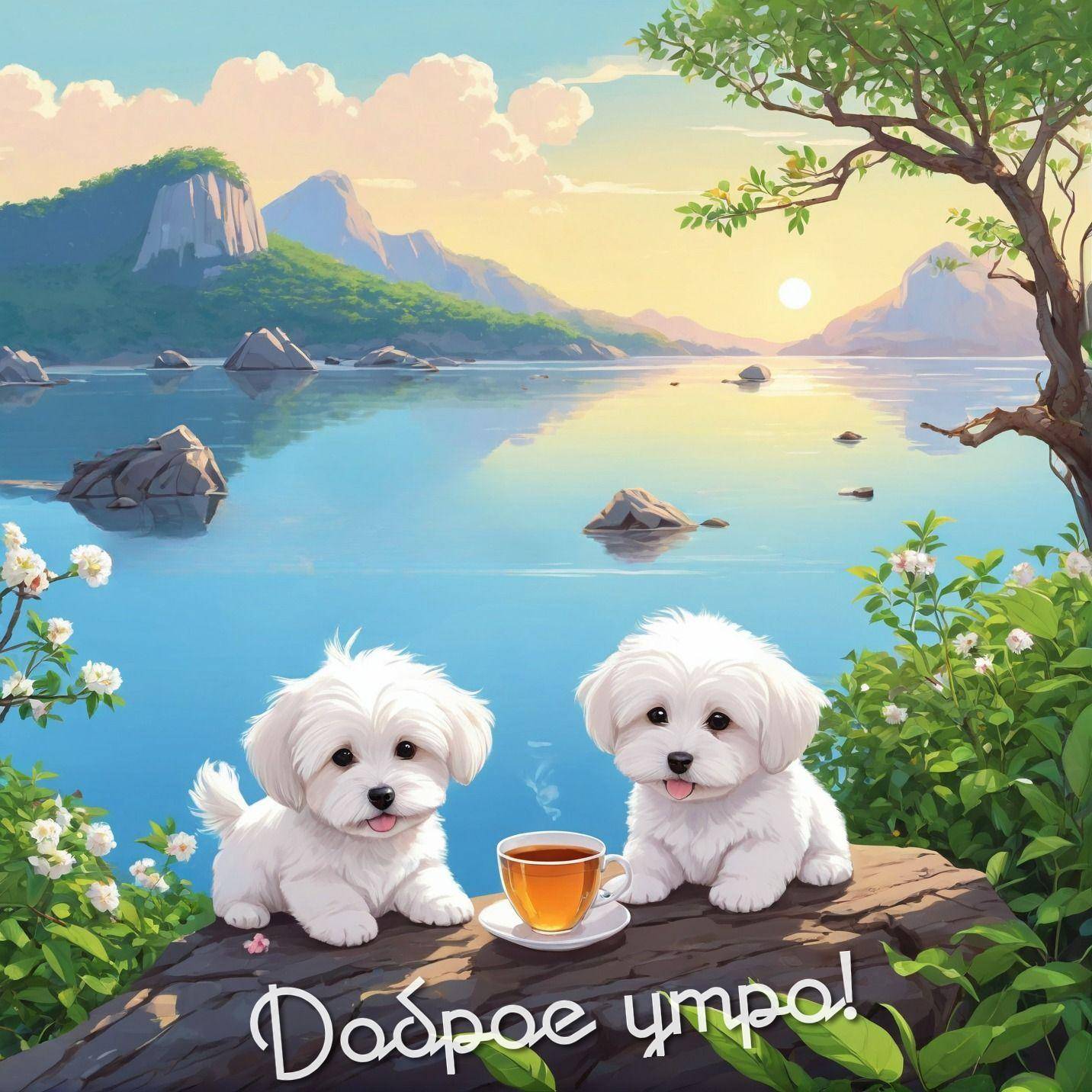 Утро, два щенка на камне с чашкой чая