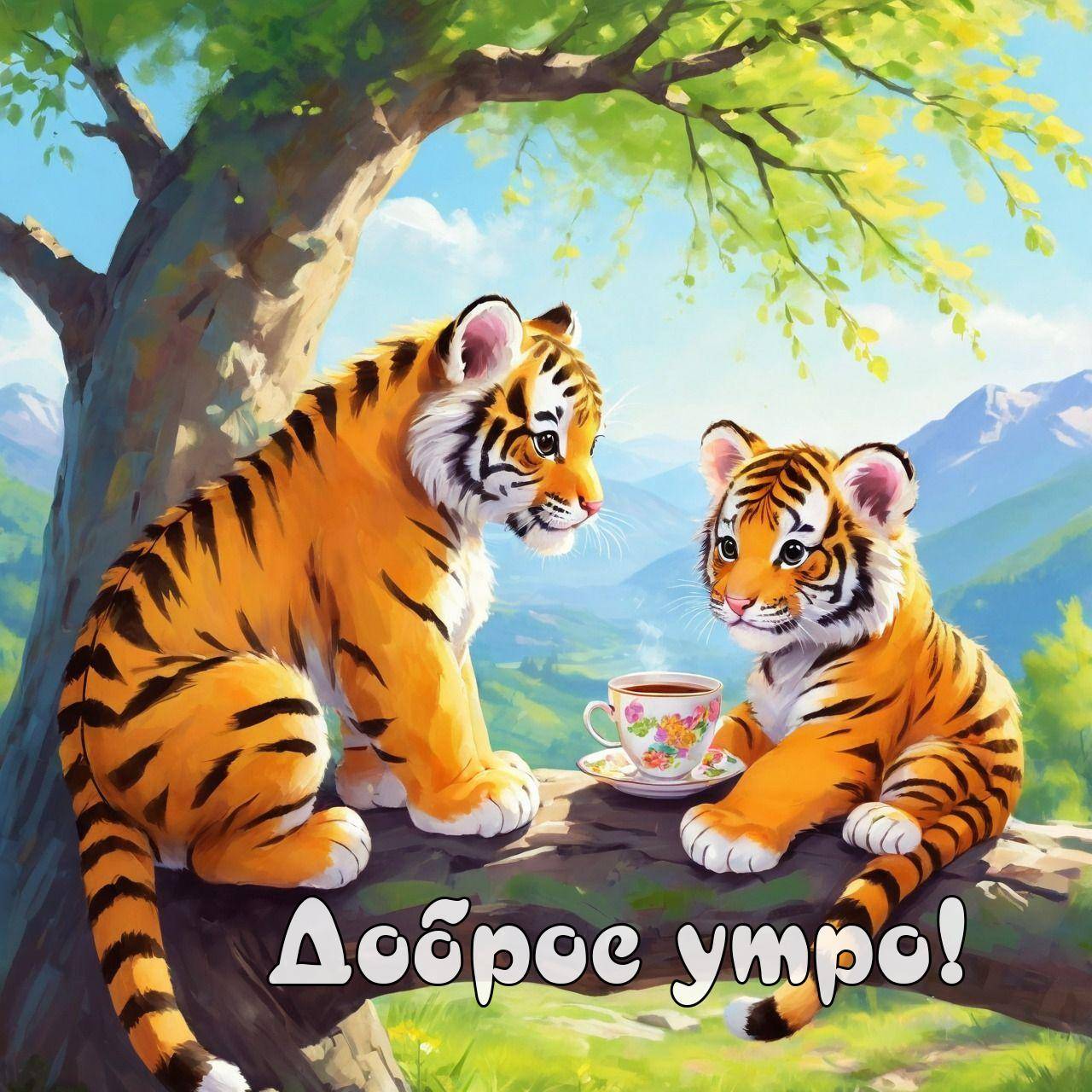 Утро, два тигрёнка на ветке с чашкой чая